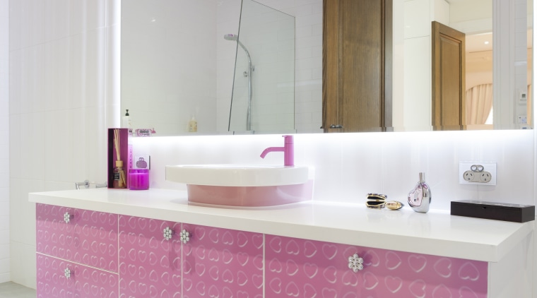Girl's pink bathroom - Girl&apos;s pink bathroom - bathroom, bathroom cabinet, cabinetry, countertop, floor, flooring, interior design, kitchen, pink, product design, purple, room, sink, tile, wall, gray