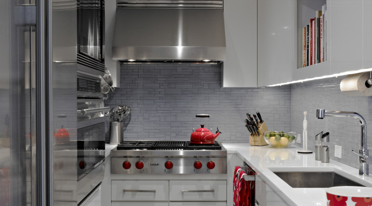 A small work triangle in this new apartment cabinetry, countertop, cuisine classique, interior design, kitchen, gray