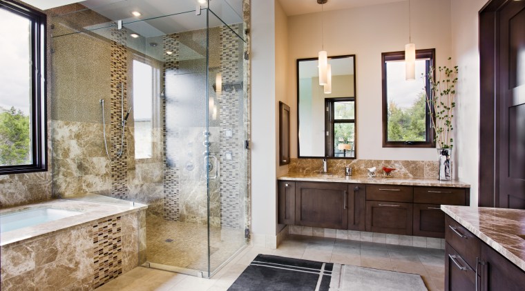 Decorative tiling creates the wow factor in the bathroom, estate, home, interior design, real estate, room, window, gray