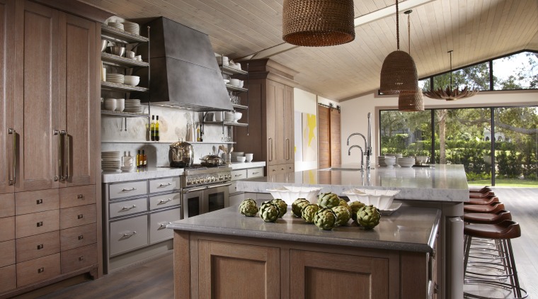 Stepped Carrara marble benchtops help to reduce the cabinetry, countertop, cuisine classique, interior design, kitchen, brown, gray
