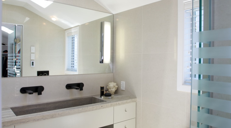 For this remodel, the designer specified a glass architecture, ceiling, daylighting, floor, home, interior design, room, gray