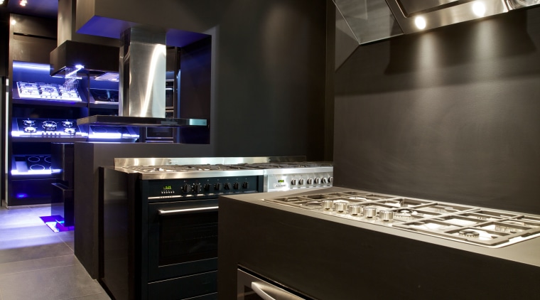 At the Eisno showroom, you can compare different countertop, interior design, kitchen, lighting, room, black