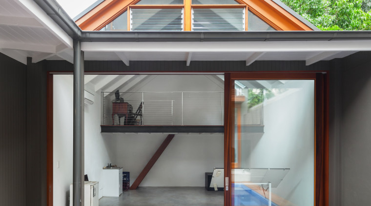 This new artists studio with a mezzanine has daylighting, deck, house, outdoor structure, real estate, roof, gray, white
