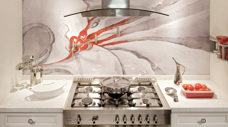 A bright red Bertazzoni range is a colourful countertop, home appliance, interior design, kitchen, kitchen appliance, kitchen stove, room, wall, gray