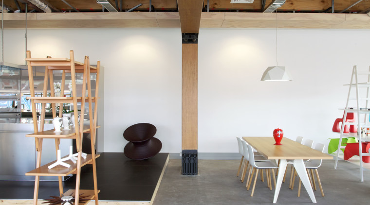 New seismic structural systems technology is transforming the architecture, ceiling, chair, daylighting, floor, flooring, furniture, house, interior design, loft, product design, table, wood, brown, gray