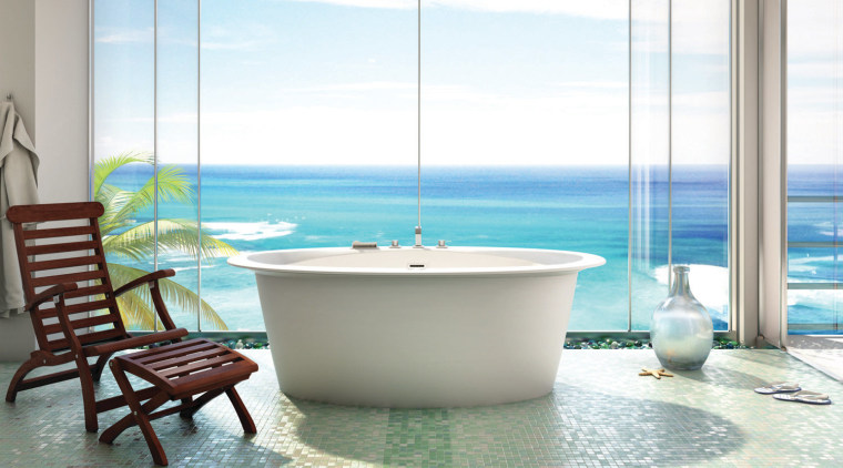 Resort-style bathing is all about the feel-good factor. bathroom, bathtub, interior design, plumbing fixture, property, sea, swimming pool, table, window, white