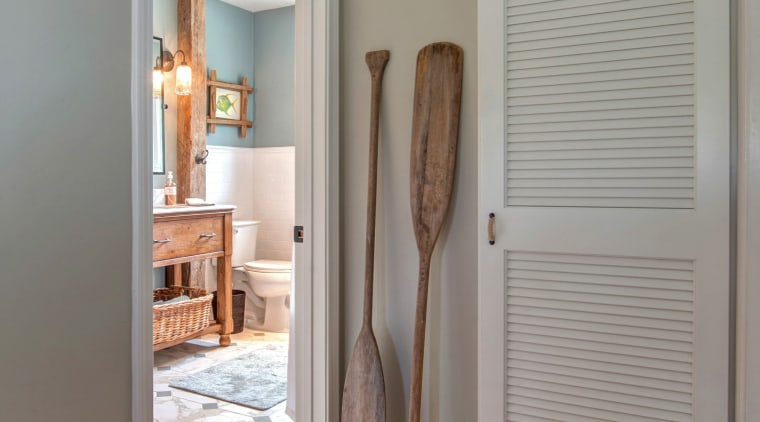 This modest guest bathroom celebrates a relaxed seaside ceiling, door, floor, flooring, hardwood, home, interior design, laminate flooring, molding, real estate, room, wall, window, window covering, wood, wood flooring, gray