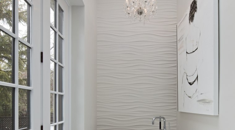 A sculptural freestanding tub sits beside the French bathroom, bathroom accessory, floor, home, interior design, plumbing fixture, product design, room, sink, tap, gray