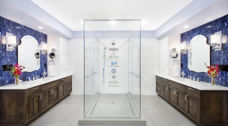 This bathroom makeover by designer Mark Lind features bathroom, ceiling, interior design, room, white
