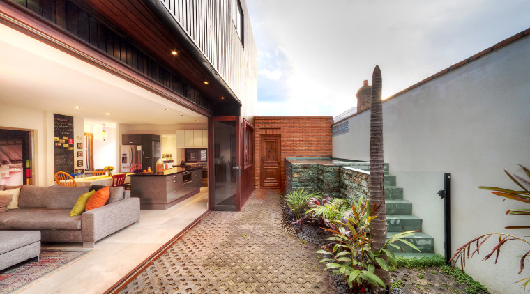 This elevated plunge pool is reached by a apartment, architecture, estate, home, house, interior design, real estate, white, red