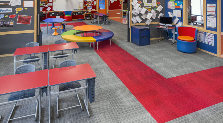 This new classroom block at Our Lady of floor, flooring, institution, interior design, leisure centre, play, room, table, gray