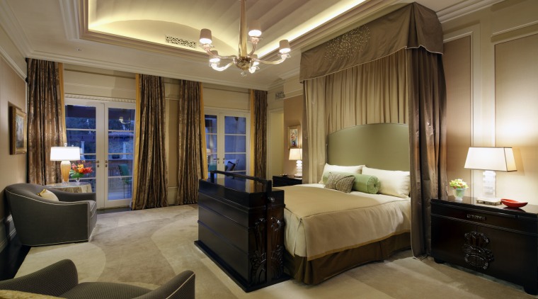 Custom design gives this master suite a lavish bedroom, ceiling, estate, interior design, room, suite, brown, black