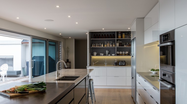 Cabinetry is in Resene Half Merino and Resene cabinetry, countertop, cuisine classique, interior design, kitchen, real estate, gray