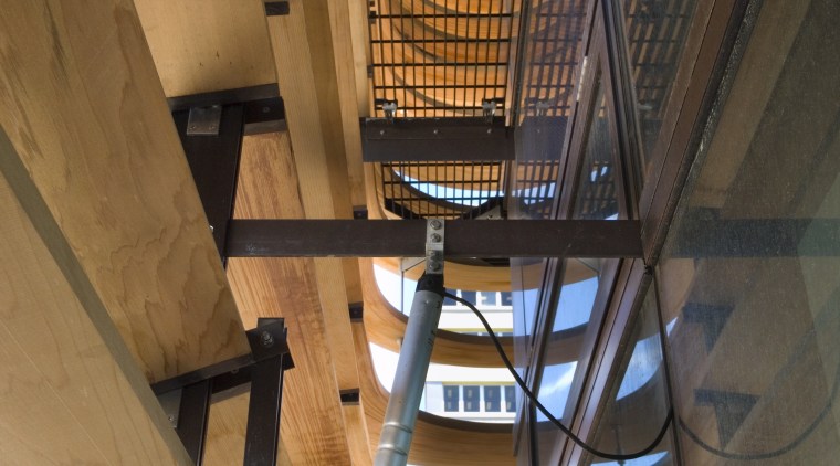 The ASB North Wharf building at Wynyard Quarter, architecture, building, ceiling, daylighting, glass, stairs, structure, wood, brown, black