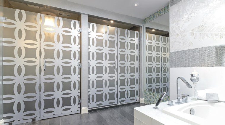 Designer Diane Taitt of De Space Designs took ceiling, door, floor, flooring, glass, interior design, room, tile, wall, window, gray, white