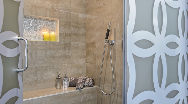 This shower area includes feature tile surfaces, built-in bathroom, ceramic, floor, flooring, home, interior design, plumbing fixture, room, tile, wall, gray