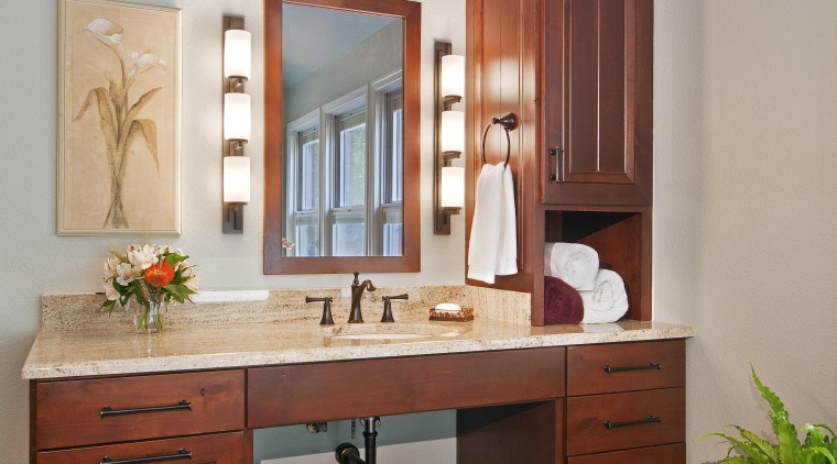 One of the vanities in this remodeled bathroom cabinetry, chest of drawers, countertop, cuisine classique, floor, furniture, home, interior design, kitchen, room, table, gray