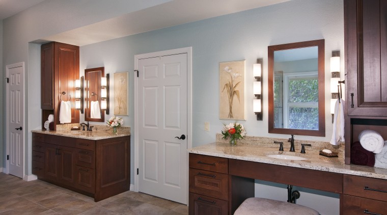 Knotty alder wood vanity cabinets with polished granite bathroom, bathroom cabinet, cabinetry, countertop, cuisine classique, home, interior design, kitchen, real estate, room, gray, red
