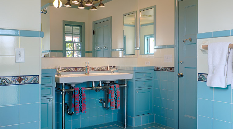The family bathroom in architect Linda Brettlers own architecture, bathroom, blue, ceiling, floor, flooring, home, house, interior design, kitchen, real estate, room, tile, gray, teal