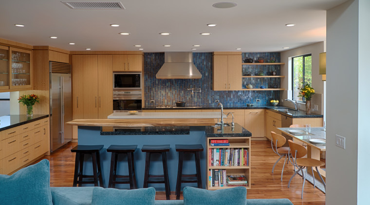 Quartersawn white oak was specified for the cabinets, cabinetry, countertop, interior design, kitchen, living room, real estate, room, gray