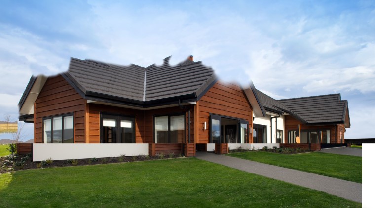 With plaster and cedar cladding, textured roof tiles cottage, elevation, estate, facade, farmhouse, home, house, land lot, property, real estate, residential area, roof, siding, sky, teal, brown