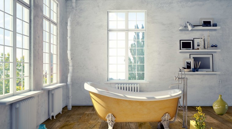 Neo laminate flooring from Creative Flooring is suited bathroom, bathtub, floor, flooring, home, interior design, room, wood, wood flooring, gray, brown
