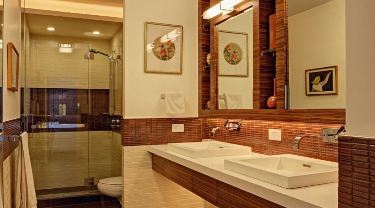 This bathroom by architect and designer Ed Kaplan bathroom, ceiling, estate, floor, flooring, home, interior design, real estate, room, brown, orange