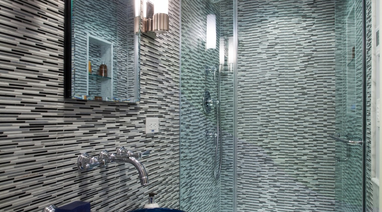 Vibrant horizontal tiles line the shower and a architecture, bathroom, ceiling, daylighting, glass, home, house, interior design, room, tile, gray