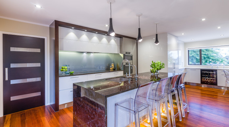 Contemporary kitchen renovation with Antique Brown granite island countertop, estate, hardwood, home, interior design, kitchen, property, real estate, room, gray