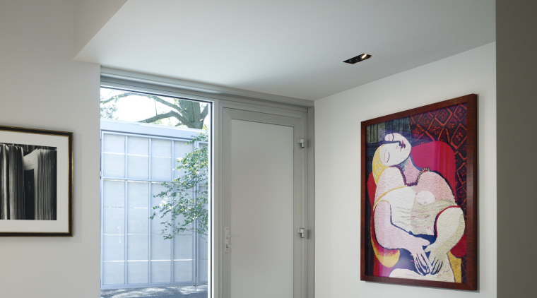 In this entry foyer, the painting at right architecture, ceiling, daylighting, floor, home, house, interior design, room, window, gray