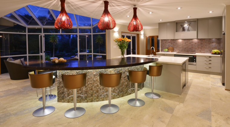 This new kitchen, by Nicola Cumming, features a countertop, interior design, kitchen, real estate, table, orange