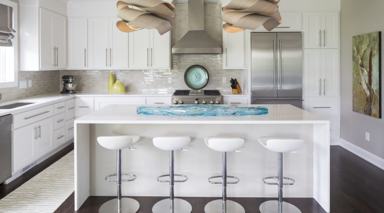 The island in this kitchen designed by Renae cabinetry, countertop, cuisine classique, interior design, kitchen, room, gray, white