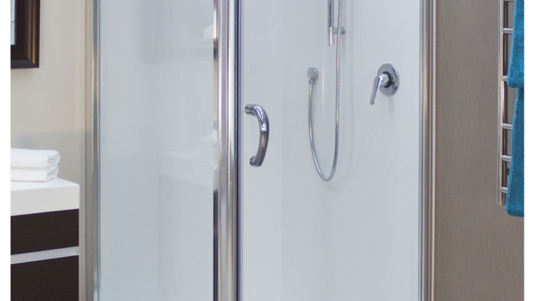 Simple but highly effective introducing a Showerdome angle, plumbing fixture, shower, shower door, gray