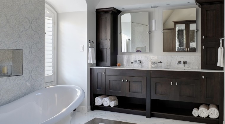 The bathroom vanity is also dark-stained hickory wood. bathroom, bathroom accessory, bathroom cabinet, home, interior design, plumbing fixture, room, sink, gray