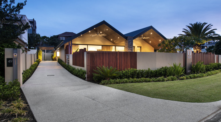 Contemporary home renovation with gabled roof forms architecture, cottage, estate, facade, home, house, landscape, neighbourhood, property, real estate, residential area, sky, suburb, villa, gray, teal