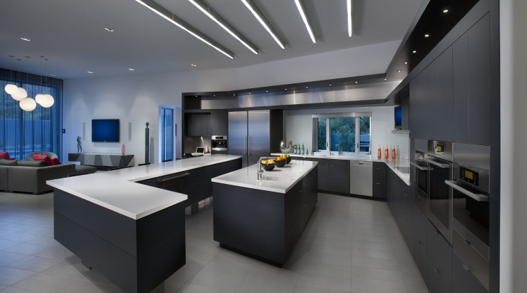 The adjoining kitchen cabinetry features a dark Raven interior design, gray, black