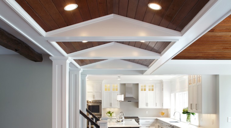 A new raked ceiling element helps to define architecture, ceiling, daylighting, floor, home, house, interior design, gray