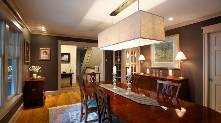 The reconfigured entryway opens to the dining room, ceiling, dining room, home, interior design, living room, real estate, room, brown