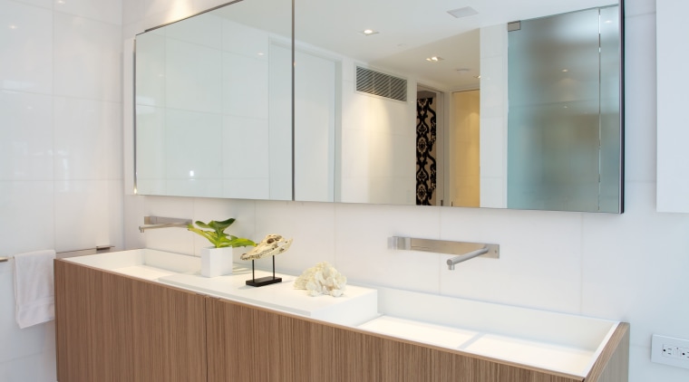 The cantilevered Boffi vanity features walnut wood veneer bathroom, countertop, floor, interior design, kitchen, product design, sink, gray, white