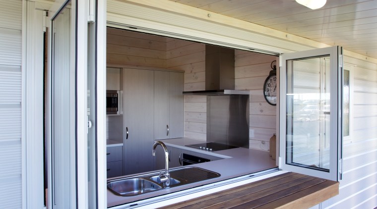 Serving hatch from kitchen to deck on Lockwood architecture, house, interior design, wood, gray