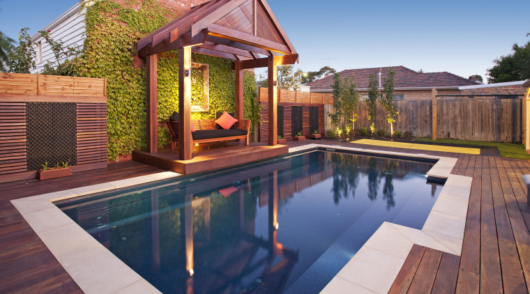 Narellan Pools offers contemporary, affordable in-ground pools to backyard, deck, estate, home, house, leisure, outdoor structure, property, real estate, swimming pool, wood, red