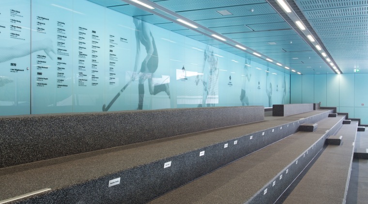 Spectator seating at the St Cuthberts Centennial Centre airport terminal, architecture, building, daylighting, fixed link, infrastructure, line, metropolitan area, reflection, sky, structure, teal, black