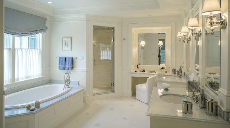Painted millwork reinforces the traditional character of this bathroom, estate, home, interior design, property, real estate, room, wall, window, orange, gray