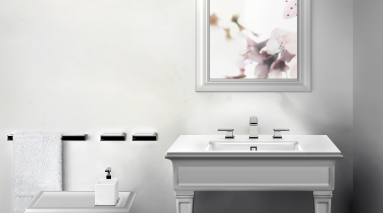 Gessis new Fascino collection of sinks, tubs, faucets bathroom, desk, floor, furniture, home, interior design, plumbing fixture, product, product design, shelf, sink, table, tap, wall, white, gray