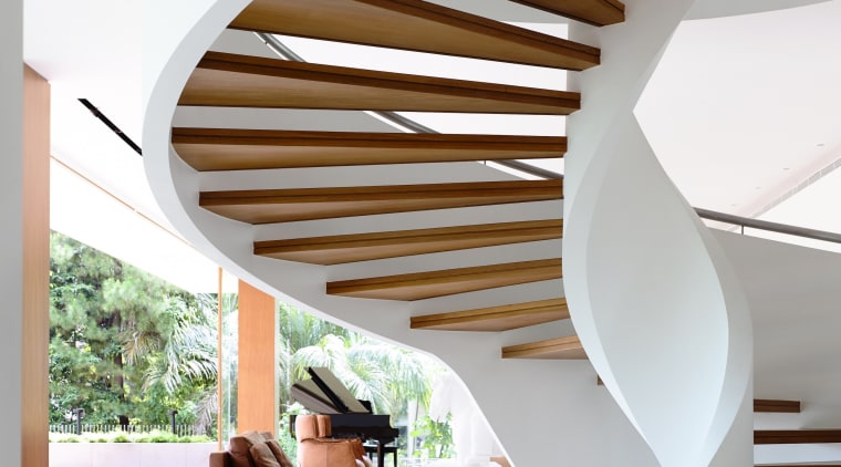 Sculptural trees and lush planting create an idyllic architecture, ceiling, daylighting, estate, home, house, interior design, product design, stairs, wood, white