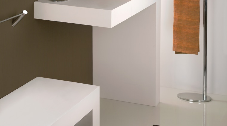 Enduring designs from Gessi include elliptical Ovale faucets angle, bathroom, bathroom accessory, bathroom cabinet, bathroom sink, ceramic, drawer, floor, furniture, interior design, plumbing fixture, product design, shelf, sink, tap, white, brown