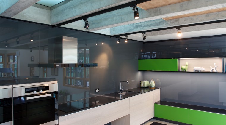 In this new Poggenpohl kitchen black glass and architecture, ceiling, countertop, daylighting, house, interior design, kitchen, loft, gray, black