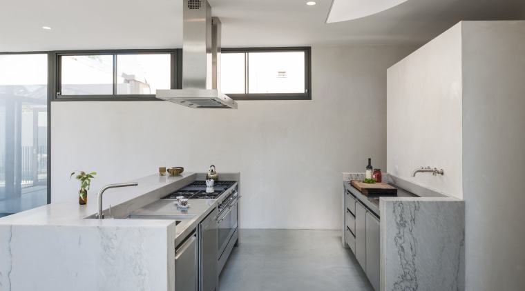 A curved skylight above this new kitchen echoes architecture, bathroom, countertop, floor, home, interior design, kitchen, real estate, room, sink, tap, gray