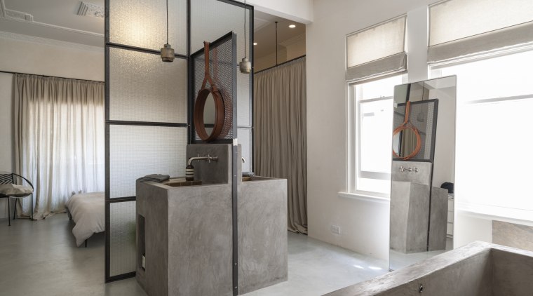 In this remodelled master suite architect Domenic Ridolfi floor, flooring, interior design, white, gray