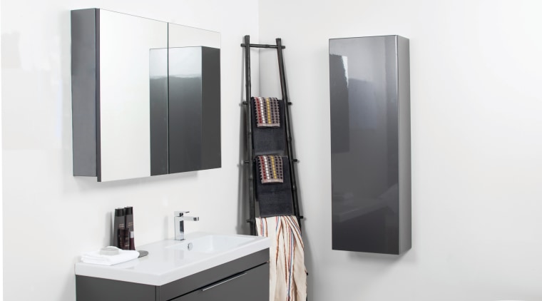This bathroom highlights Adesso bathroomware, which combines European bathroom, bathroom accessory, bathroom cabinet, floor, interior design, plumbing fixture, product design, room, sink, tap, white